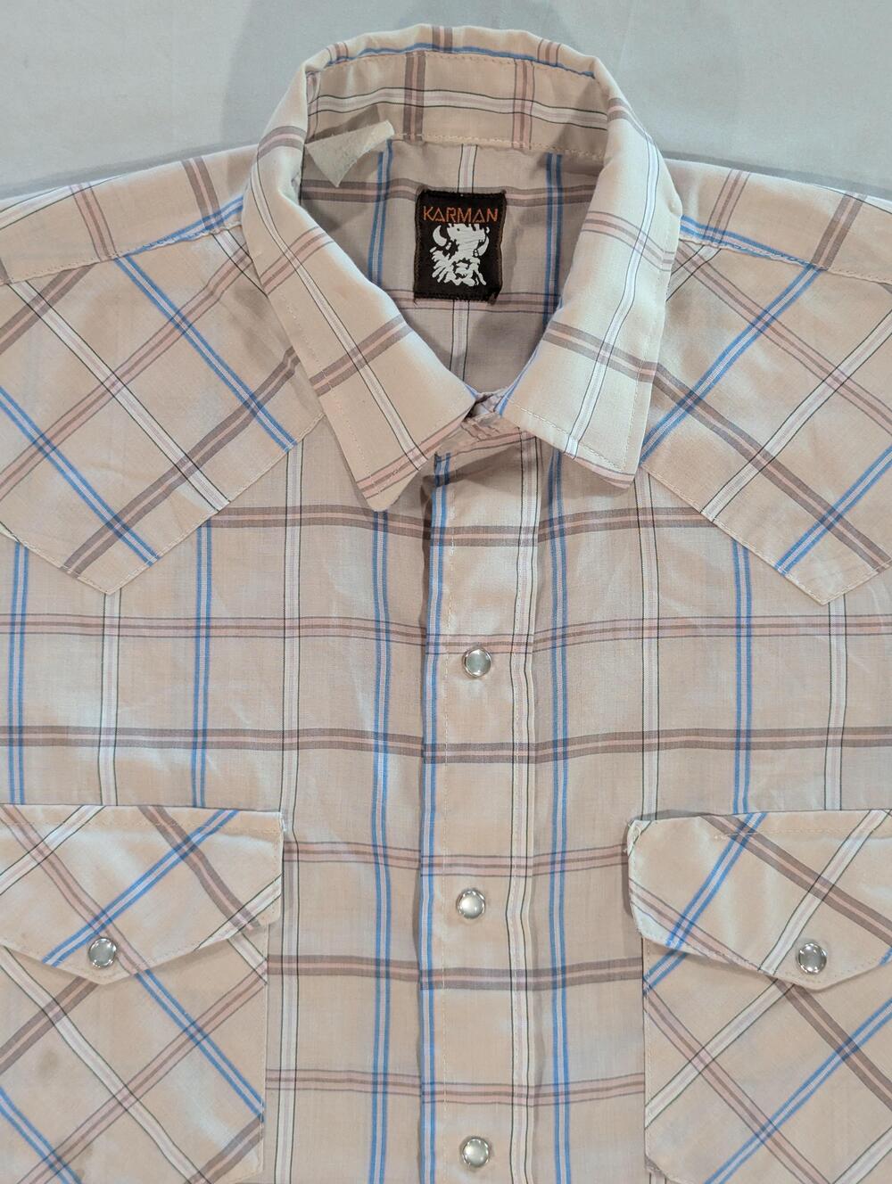 Karman Shirt Mens M Beige Plaid Short Sleeve Western Pearl Snap Pockets
